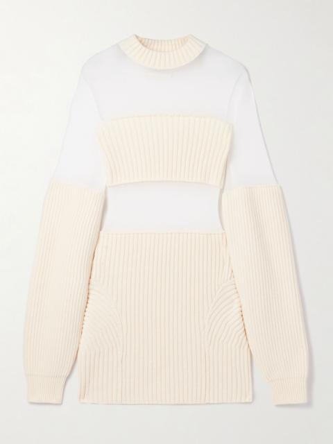 Paneled ribbed wool and mesh mini dress Ecru