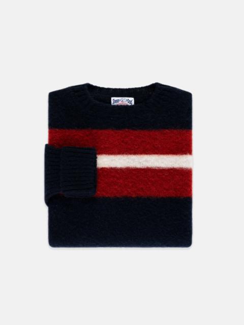 MADE-IN-SCOTLAND NAVY, CRIMSON & WHITE SHAGGY DOG FRAME STRIPE SWEATER - CLASSIC FIT