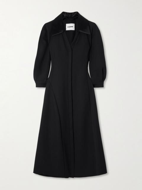 Asymmetric satin-trimmed wool-twill midi shirt dress Black