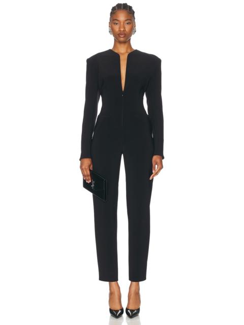 Long Sleeve Shoulder Pad V Neck Zip Front Tapered Leg Jumpsuit