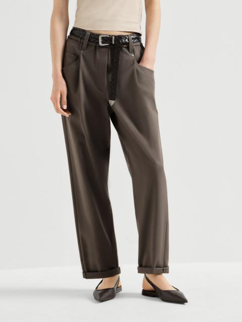 Stretch cotton cover baggy pull-on trousers with shiny bartack