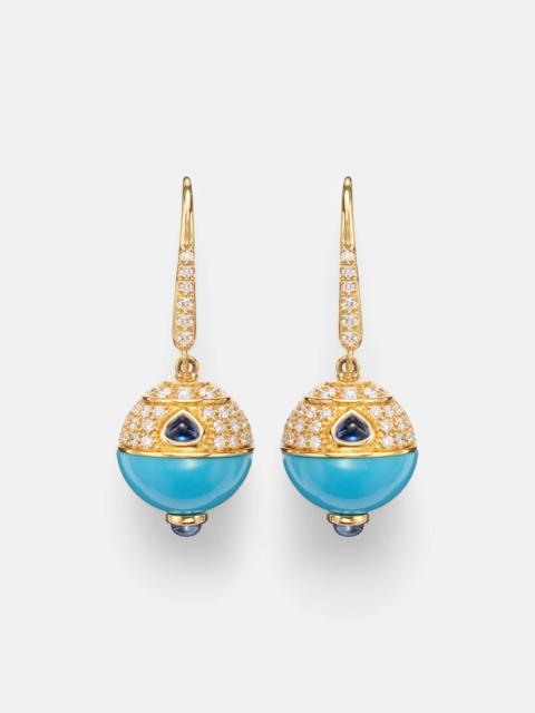 18kt gold (750/1000) earrings with turquoise, sapphire, and diamonds