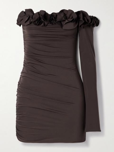 Selvaggio One-sleeve Appliquéd Ruched Stretch-jersey Mini Dress