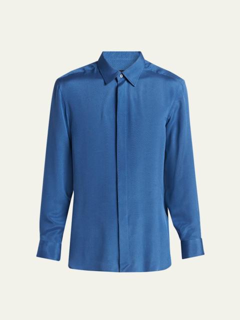 Men's Silk Jacquard Micro-Dot Concealed-Placket Sport Shirt