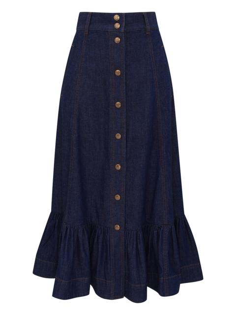 ASTER DENIM FRILL MIDI SKIRT