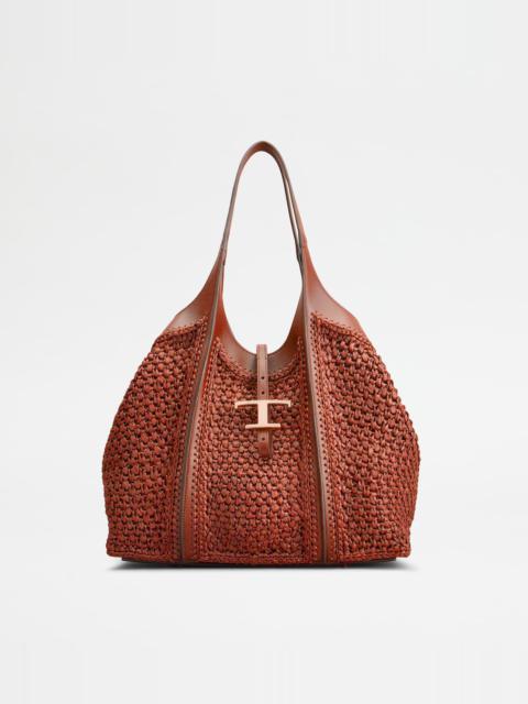 T TIMELESS SHOPPING BAG IN RAFFIA AND LEATHER MEDIUM - ORANGE