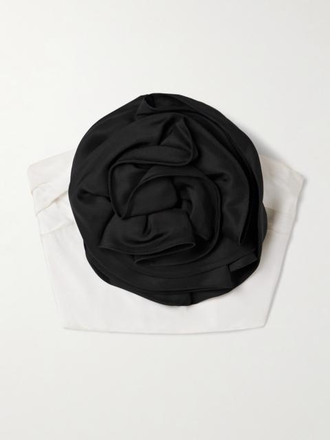 Strapless Cropped Appliquéd Pleated Silk-twill Top