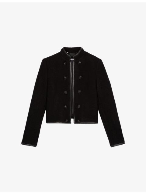 Stand-Collar Leather-Trim Wool Jacket