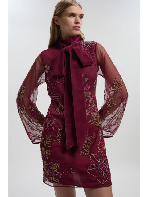 Floral Applique Embellished Organdie Woven Mini Dress