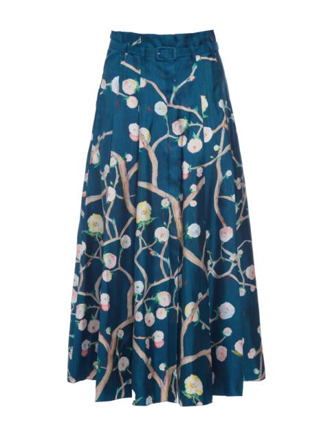 Dugald Pleated Midi Skirt in Blue Multi Printed Silk Twill