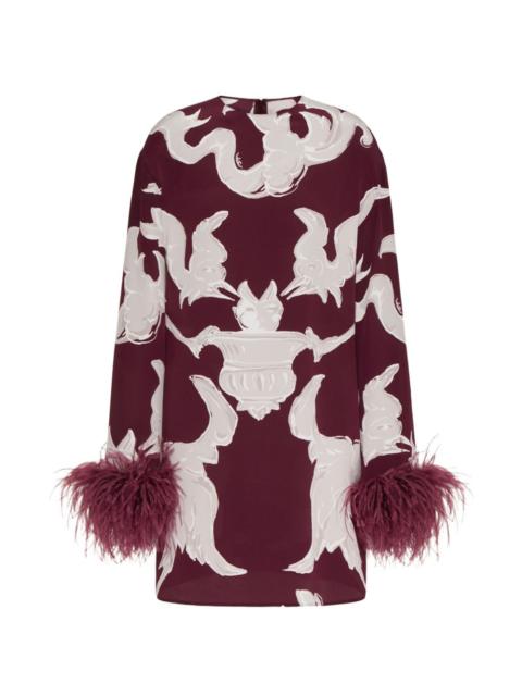 feather-embellished patterned midi dress