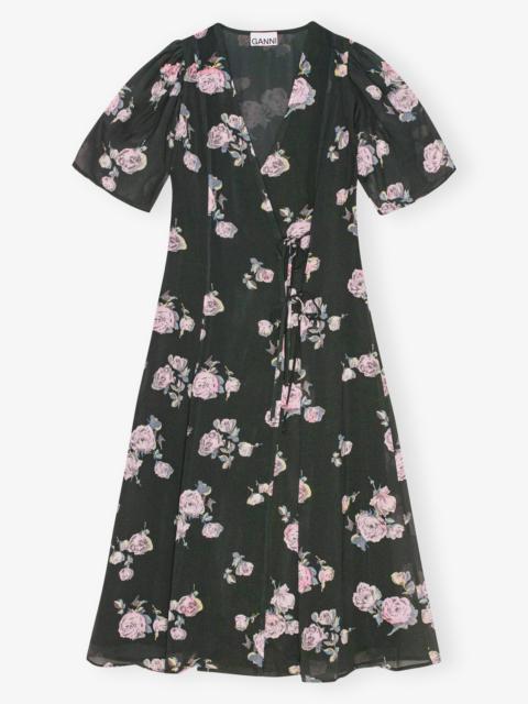 BLACK FLORAL CREPE WRAP MIDI DRESS