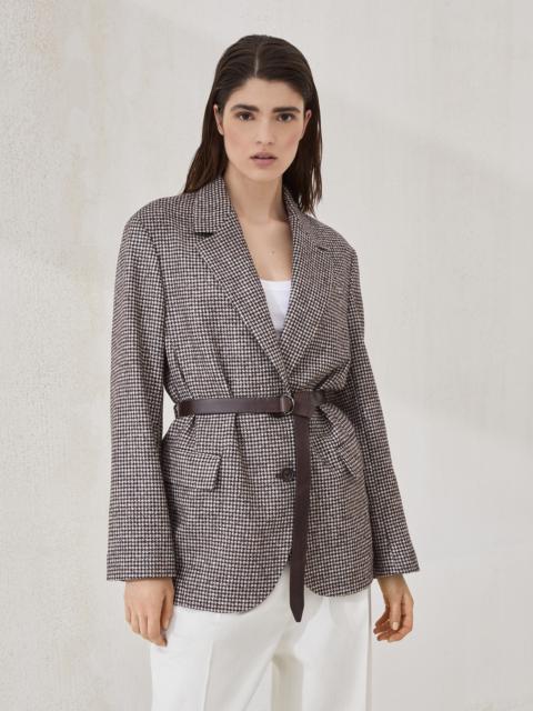 Wool and alpaca houndstooth blazer with leather belt and monili