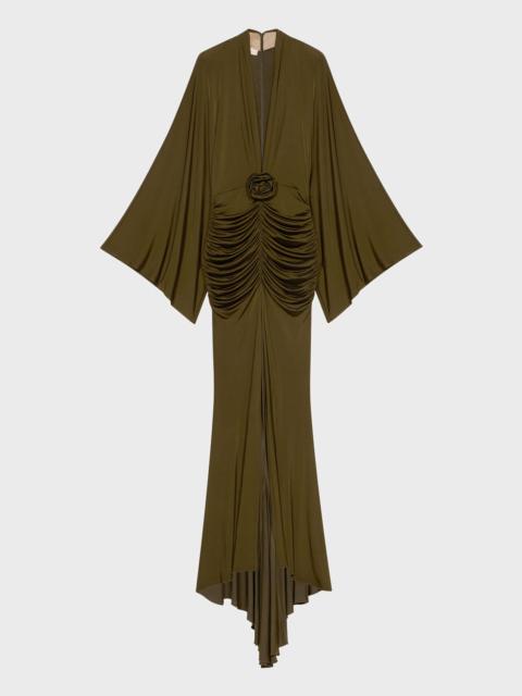 LONG SHINY JERSEY DRESS WITH APPLIED ROSE