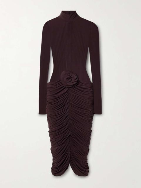 Appliquéd ruched stretch-jersey midi dress