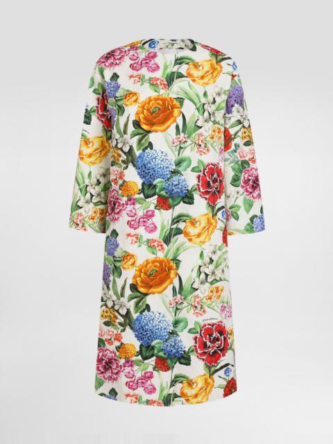 Floral-print cotton jacquard coat