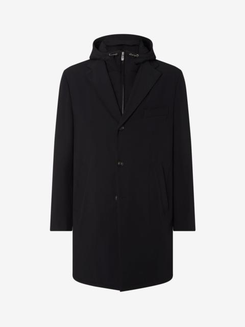 Black stretch technical fabric coat with detachable vest