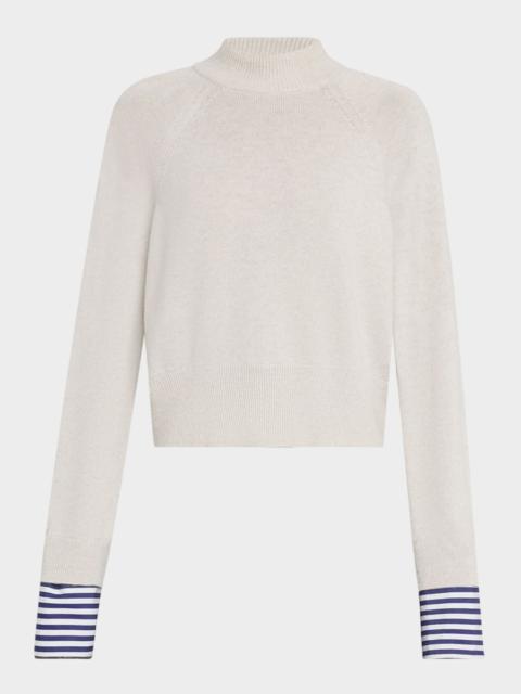 Mock-Neck Striped-Cuff Cashmere Knit Sweater