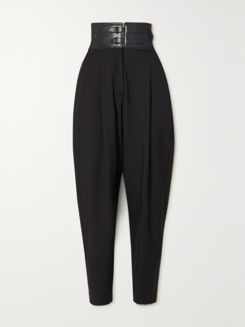 Belted Pleated Leather-trimmed Wool-blend Tapered Pants