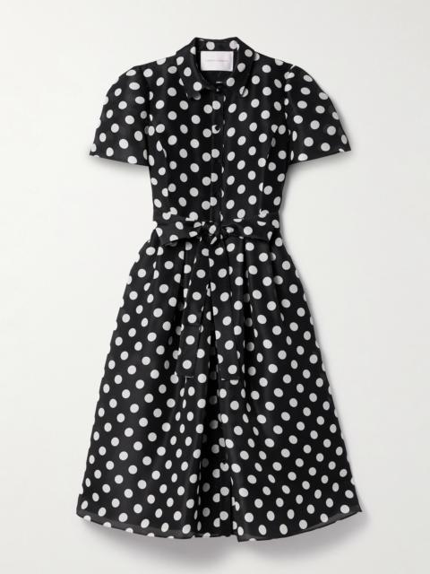 Belted Pleated Polka-dot Silk-gazar Midi Shirt Dress