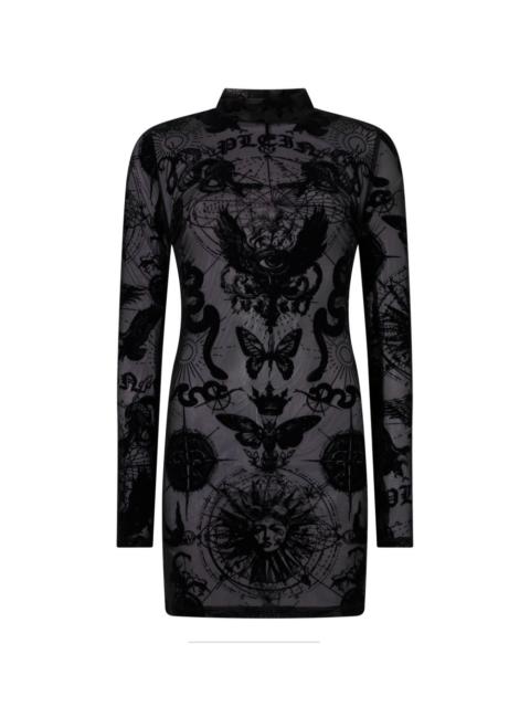 long-sleeve butterfly-tattoo mini dress