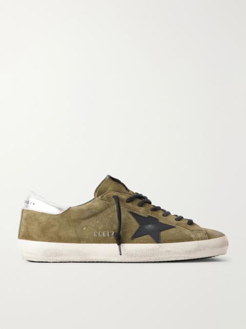 Super-Star Distressed Leather-Trimmed Suede Sneakers Dark green
