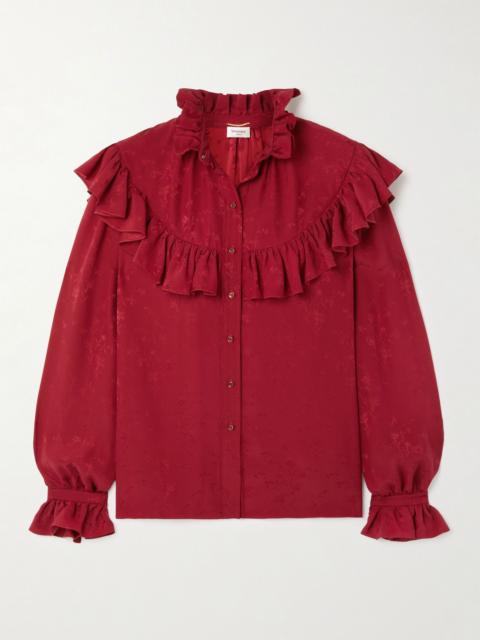 Ruffled floral silk-jacquard blouse Red