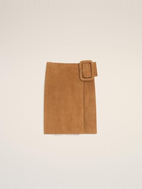 BROWN GOAT LEATHER BIG BUCKLE BELTED MIDI SKIRT