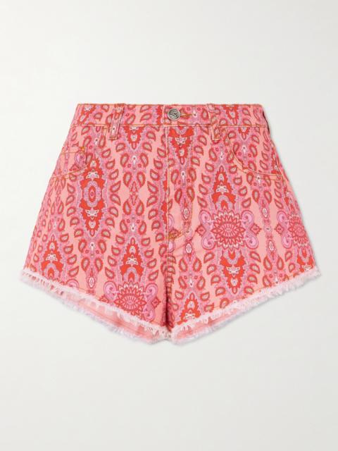 Frayed Paisley-print Denim Shorts