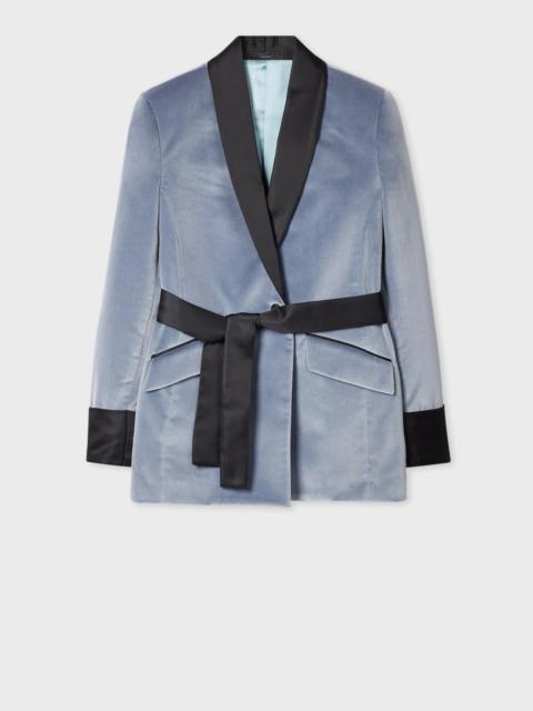 Women's Dusky Blue Velvet Contrast-Trim Belted Blazer