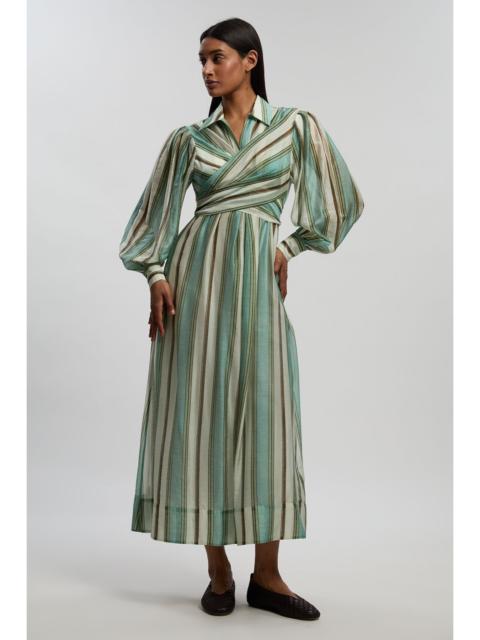 Stripe Slub Organdie Drama Sleeve Woven Wrap Detail Shirt Dress