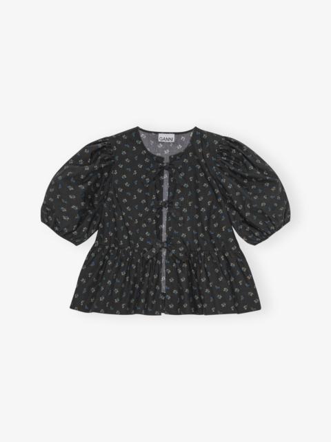 BLACK PRINTED COTTON PEPLUM BLOUSE