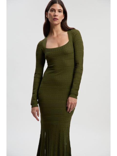 Pointelle Stitch Detail Sheer Panel Knit Midi Dress