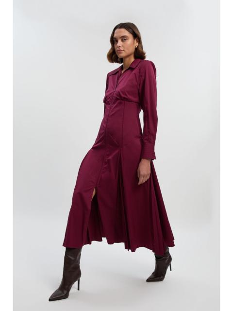 Pleated Detail Cotton Long Sleeve Woven Midi Dress