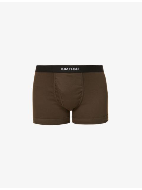 Branded-waistband fitted stretch-cotton trunks