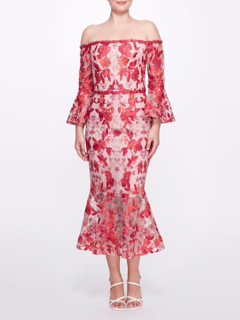 EMBROIDERED TULLE TEA-LENGTH MIDI DRESS