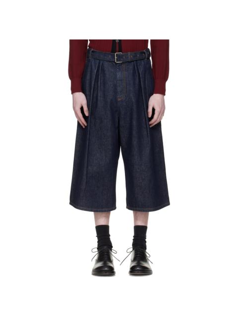 Navy Pleated Denim Shorts