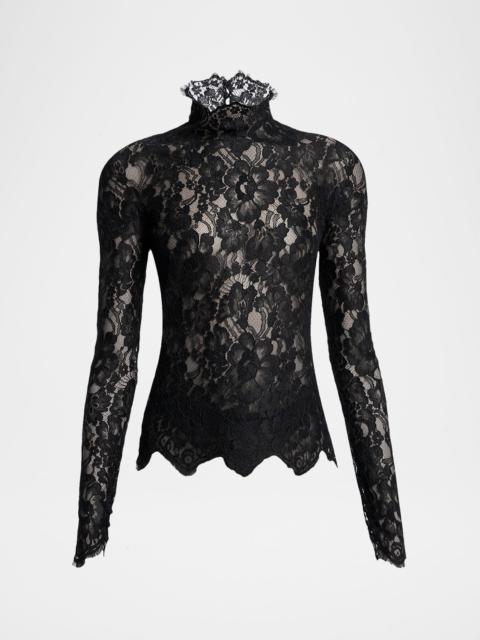 Turtleneck Sheer Lace Long-Sleeve Top