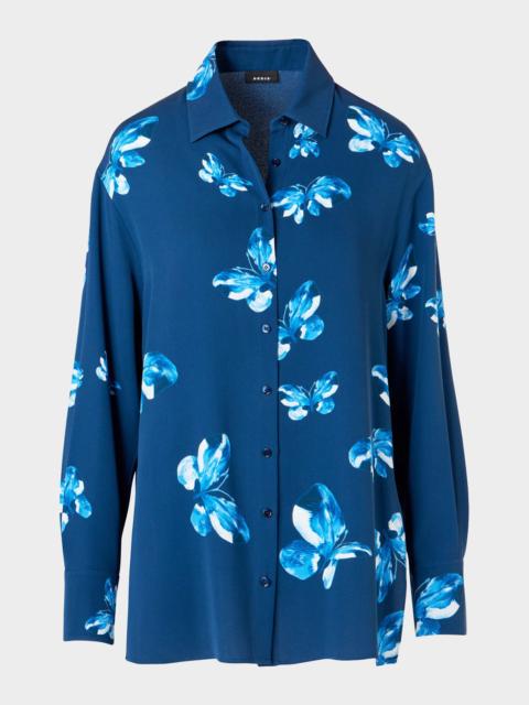 Butterfly-Print Silk Button-Down Shirt