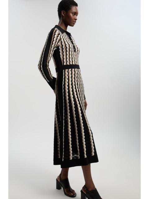 Knit Pointelle Contrast Collared Midi Dress