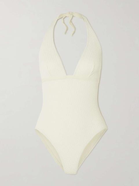 The Vogue Paillette grosgrain-trimmed jacquard halterneck swimsuit White
