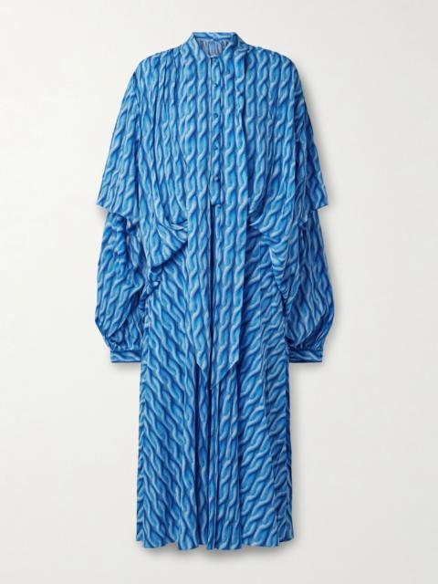Pussy-bow printed crepe de chine midi shirt dress Azure