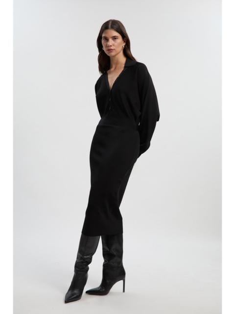 Viscose Blend Slinky Batwing Button Neck Knit Midi Dress