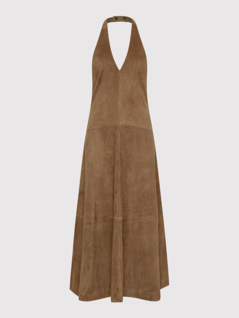 Suede Halter Plunge Dress - Toffee