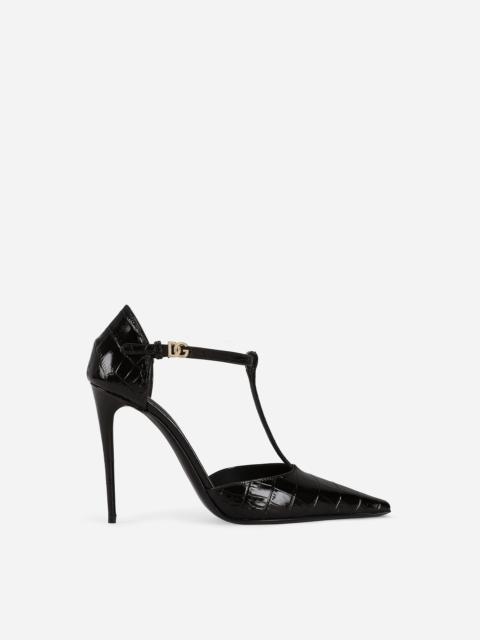 Crocodile-print calfskin T-bar pumps
