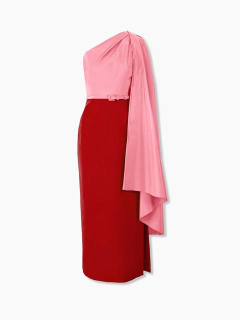 Color-Blocked Midi Dress with Detachable Cape