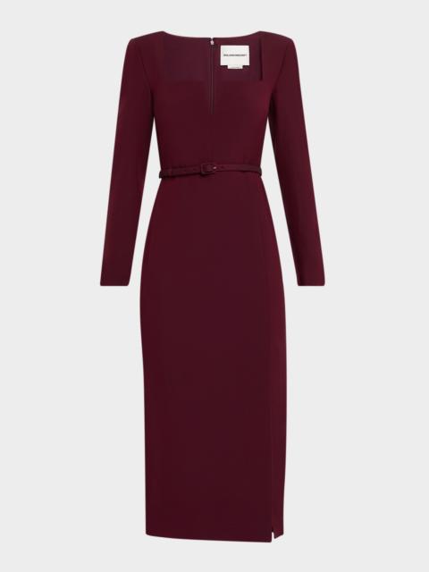 Long-Sleeve Belted Wool-Silk Midi Dress