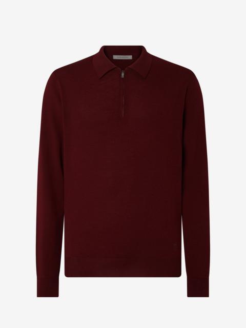 Burgundy zip-up extra fine wool polo shirt