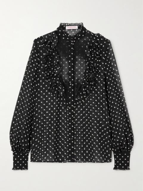 Ruffled Lace-trimmed Polka-dot Silk-chiffon Shirt