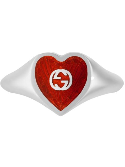Gucci Ring With Interlocking G Enamel Heart Silver/Red